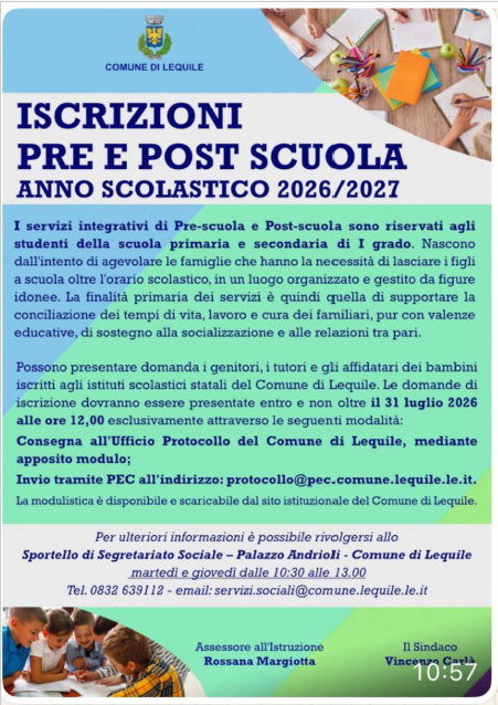 Iscrizioni Pre e Post Scuola - Anno Scolastico 2026/2027