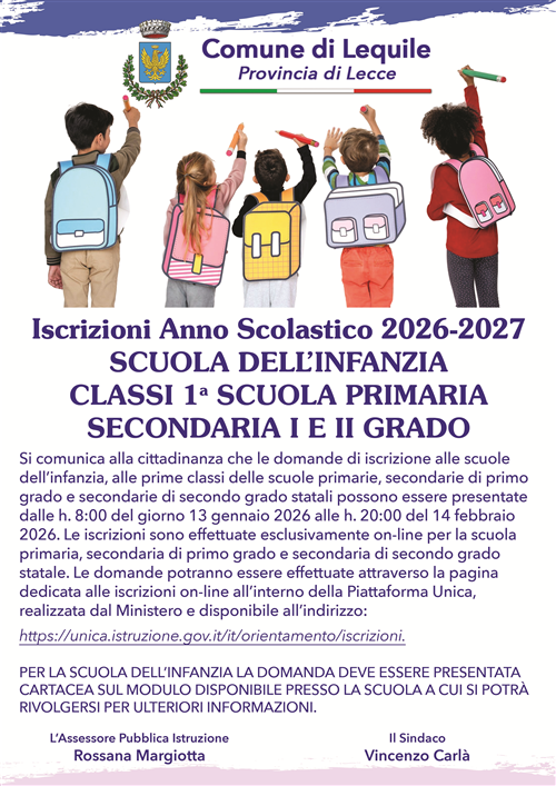 Aperte le iscrizioni alle scuole dellinfanzia, alle prime classi delle scuole primarie, secondarie di primo grado e secondarie di secondo grado.